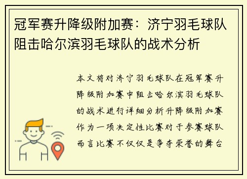 冠军赛升降级附加赛：济宁羽毛球队阻击哈尔滨羽毛球队的战术分析
